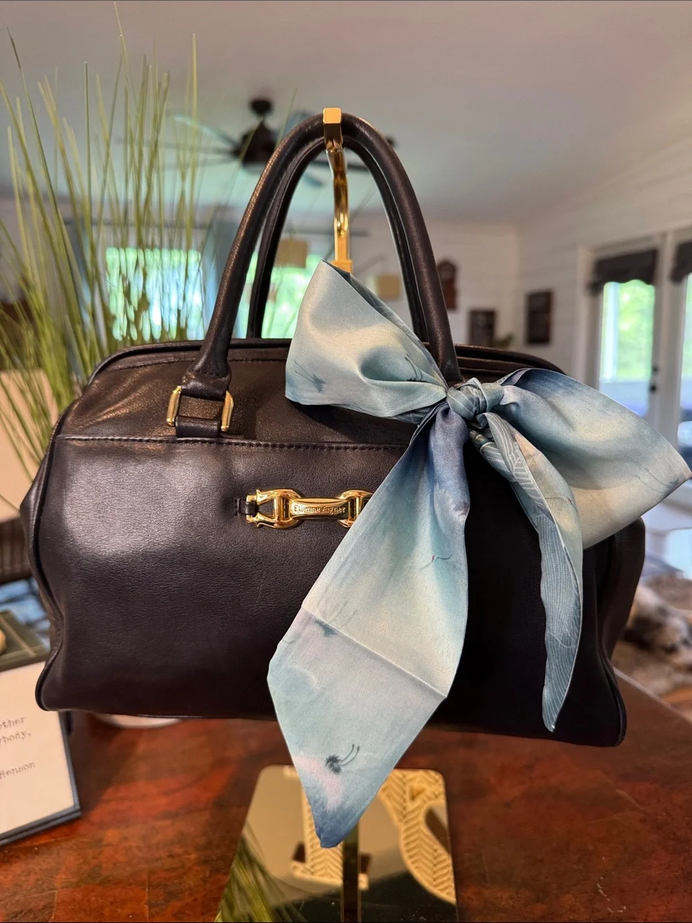 Etienne Aigner Navy Leather Satchel with Light Blue Scarf